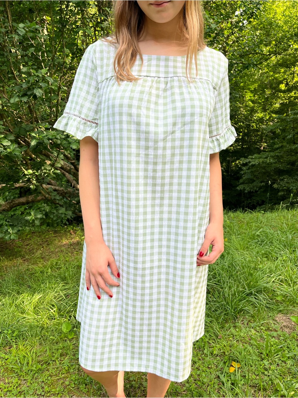 SHEIN Green and White Gingham Midi Dress